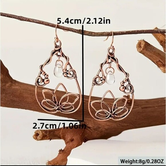 Copper wire filigree earrings lotus flower moonstone tear drop earrings - Picture 2 of 5